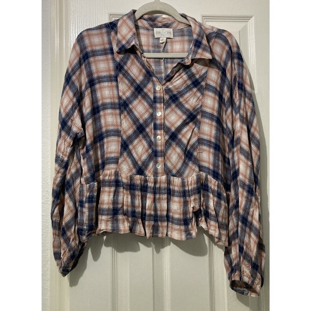 Francescas Jun & Ivy Button Up Top Size Small Blue Plaid Boho Peplum Western